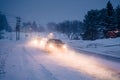 Blizzard on the Road during a Cold Winter Evening in Canada