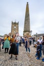 BLM protesters on the cobbles in the Marketplace at a Black Lives Matter protest. Richmond Castle, The Obelisk and The Green
