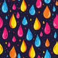 Blobs colorful seamless pattern, dribble abstract dark background. Color drops falling down in cartoon style, rain Royalty Free Stock Photo