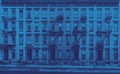 Block of apartment buildings on West 49th Street in the Hell\'s Kitchen neighborhood of New York City with blue color effect