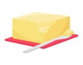 Block of butter on a red dish with butter knife. Yellow stick of butter with a small piece cut off on the side vector