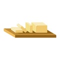Block of Butter Sliced on Wooden Cutting Board Isolated Icon on White Background. Sliced yellow butter on brown wooden