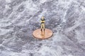 Block chain and Bitcoin safety or security trust concept, miniature figure security guard standing with gold bitcoin on