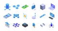 Block chain icons set, isometric style