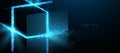 Block chain network connections technology. Cube and box from lines and triangles, point connecting network on blue background. Royalty Free Stock Photo