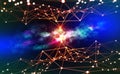 Block chain network and galactic nebula. Artificial intelligence. Global decentralized database