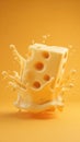 Cheese Block with Splash on Yellow Background Royalty Free Stock Photo