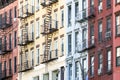 Block of colorful old apartment buildings in the Alphabet City neighborhood of New York City