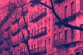 Block of colorful old buildings in the Upper East Side neighborhood of New York City in pink and blue Royalty Free Stock Photo