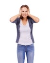 Block ears, white background or woman with headache with anxiety, bad mistake or burnout. Stress, angry or dizzy person