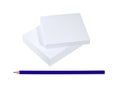 Block of memo papers with blue pencil isolated