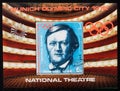 Block postage stamp printed in Yemen in honor of the 1972 Munich Summer Olympics. Hall of the Munich National Theater and a