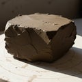 A block of raw, unfired clay sits on a circular pottery wheel. The clay appears solid and Royalty Free Stock Photo