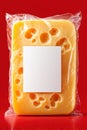 Block of Swiss cheese with holes in clear plastic packaging and blank white label on red background Royalty Free Stock Photo