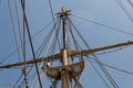 Block and tackle, rigging, and shrouds surrounding a mast on a vintage tall ship, blue sky, marine theme Royalty Free Stock Photo
