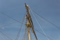 Block and tackle, shrouds, and mast on an old sailboat, blue sky