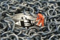 Blockchain and Bitcoin mining by miniature worker, small mini figure holding mattock digging on physical Bitcoin Crpto currency c