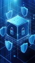 A blue cube with a lock on it and six blue shields surrounding it Royalty Free Stock Photo