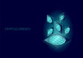 Blockchain blue isometric composition. Flat glowing platform planet Earth sign safety shield Bitcoin Ethereum Ripple