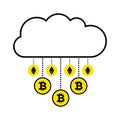 Blockchain concept of cryptocurrency. Cloud on white background. Gold rain virtual coins bitcoin, ethereum falling down.
