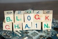 Blockchain concept. Wood blocks say block chain with binary code