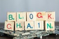 Blockchain concept. Wood blocks say block chain with binary code
