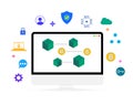 Blockchain and crypto technology concept with futuristic shapes and floating signs around computer screen. Networking, secure, Royalty Free Stock Photo