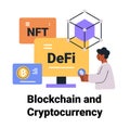 Blockchain cryptocurrency concept with DeFi NFT elements person holding Bitcoin cube structure colorful digital finance