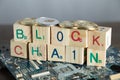 Blockchain cryptocurrency concept. Wood blocks say block chain w