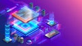 CPU processor chip on circuit board. Blockchain concept. Cpu mines cryptocurrency. Banking Blockchain Fintech.