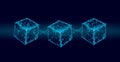 Blockchain cube chain symbol on square code big data flow information. Blue neon glowing modern trend. Cryptocurrency