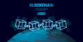 Blockchain cube chain symbol on square code big data flow information. Blue neon glowing planet Earth globe