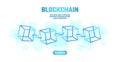 Blockchain cube chain symbol on square code big data flow information. Blue neon glowing planet Earth globe