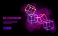 Blockchain cube chain symbol on square code big data flow information. Pink neon glowing modern trend. Cryptocurrency