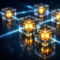 Blockchain data transferring connecting glowing glass cubes Royalty Free Stock Photo