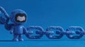 Blockchain Developer Mascot Displays Abstract Crypto Chain Links Against a Blank Blue Background in a Digital Setting Royalty Free Stock Photo