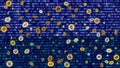 Blockchain digital background. Golden bitcoin coin. 3d gold bitcoin confetti. Glitch effect. Format 16:9