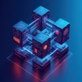 a blockchain or distributed network where connected cubes hover above platforms. Intricate details and luminous elements