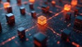 Blockchain enabled supply chain shown as abstract network. Orange glowing node on circuit board with data blocks symbolizes