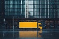 Blockchain enabled supply chain truck stationed before a high rise building, with yellow bus nearby