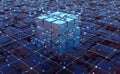 Blockchain in global digital network, quantum computer, nanotechnological circuit, high-tech processor and cybertechnology