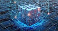 Blockchain in global digital network, quantum computer, nanotechnological circuit, high-tech processor and cybertechnology