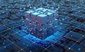 Blockchain in global digital network, quantum computer, nanotechnological circuit, high-tech processor and cybertechnology