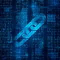 Blockchain hyperlink symbol on binary code. Abstract blue matrix background