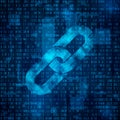 Blockchain hyperlink symbol on binary code. Chain symbol on abstract blue matrix background Royalty Free Stock Photo