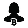 Blockchain icon vector for bitcoin cryptocurrency with male person profile avatar for digital wallet in a glyph pictogram