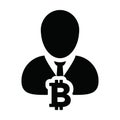 Blockchain icon vector for bitcoin cryptocurrency with male person profile avatar for digital wallet in a glyph pictogram