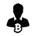 Blockchain icon vector for bitcoin cryptocurrency with male person profile avatar for digital wallet in a glyph pictogram