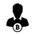 Blockchain icon vector for bitcoin cryptocurrency with male person profile avatar for digital wallet in a glyph pictogram