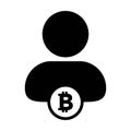 Blockchain icon vector for bitcoin cryptocurrency with male person profile avatar for digital wallet in a glyph pictogram